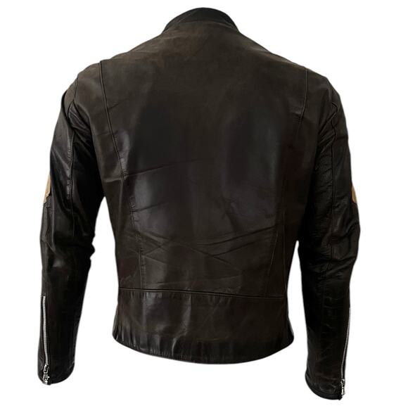 Just Collection Brown Leather Motorcycle Jacket Cafe Racer Biker Style Full Zip - Picture 3 of 5